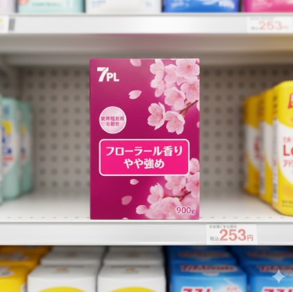 コンビニエンスストアの棚に陳列されたセブンイレブンの粉末洗濯洗剤。ピンク色のパッケージには桜の模様があしらわれ、「フローラルの香り」と表示されている。価格は253円と書かれた値札が見える。