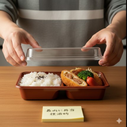 幕の内弁当の蓋を開け、容器の構造と内容量を確認している様子。