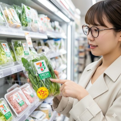 15%引きの対象商品を見分けるため、セブンプレミアムのロゴを確認している買い物客の手元。