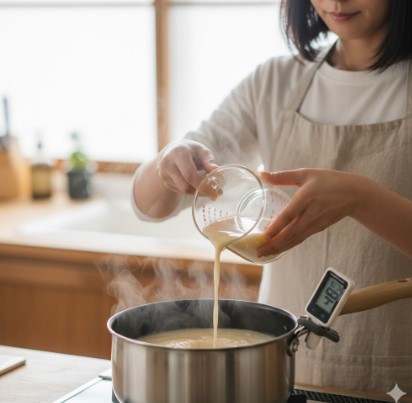 キッチンで女性が牛乳寒天を調理している。計量カップに入った温かい牛乳液を、鍋で沸騰している寒天液にゆっくりと注ぎ入れている。鍋の側面には温度計が取り付けられ、48度を示している。