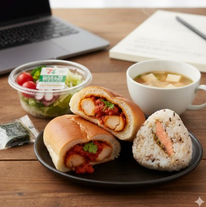 木目のデスクに置かれた、チキンチリパン、もち麦鮭おにぎり、ミニサラダ、味噌汁のコンビニランチセット。ノートパソコンとノートが背景に見える。