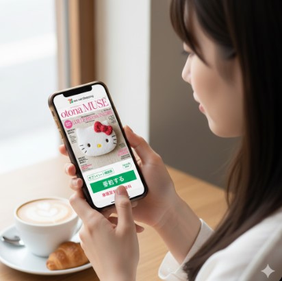 日本人女性がスマートフォンを操作し、セブンネットショッピングでファッション雑誌の付録を予約している様子。