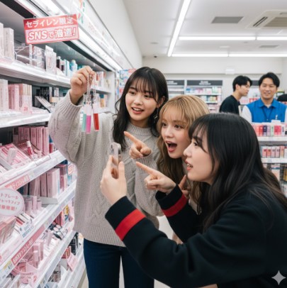 セブンイレブンのコスメ売り場でSNSで話題の韓国コスメのミニリップに興奮する3人の若いアジア人女性。