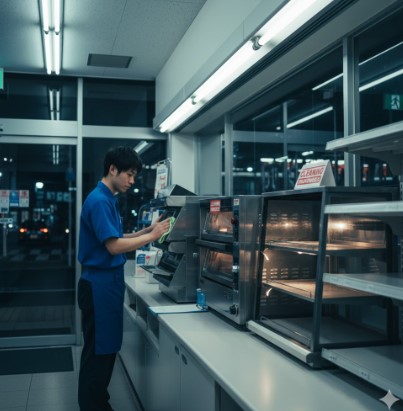 深夜のセブンイレブンで、ピザオーブンの清掃とメンテナンスを行う日本人男性店員。オーブンは稼働しておらず、清掃中であることを示すサインが見える。