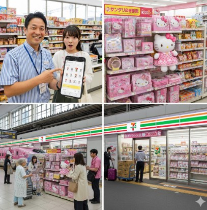 セブンイレブンで展開されるサンリオ当りくじ「ピンクキルト」の豪華な景品と、くじの陳列棚。ユーザーの興味を惹きつけ、くじが「ある店」を探す重要性を強調する画像。