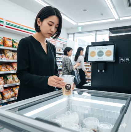コンビニ店内で、若い日本人女性が冷凍ケースからセブンカフェティー専用のアイスミルクティーカップを取り出し、ティーマシンにセットしようとしている。