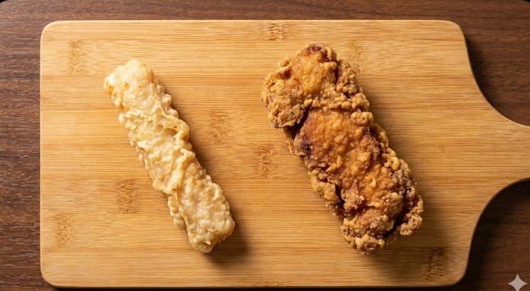 薄衣のあっさりした唐揚げ串と、衣が厚く色の濃い竜田揚げ串の比較イメージ