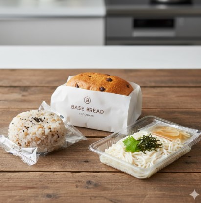 木のテーブルに置かれた、セブンイレブンのもち麦おにぎり、Base Breadチョコレート味、そして豆腐そうめんの3種類の主食。