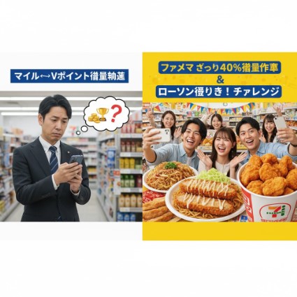 セブンイレブンのポイント増量キャンペーンに疑問を感じるビジネスマンと、ファミマ・ローソンの増量キャンペーンで笑顔の若者グループの対比