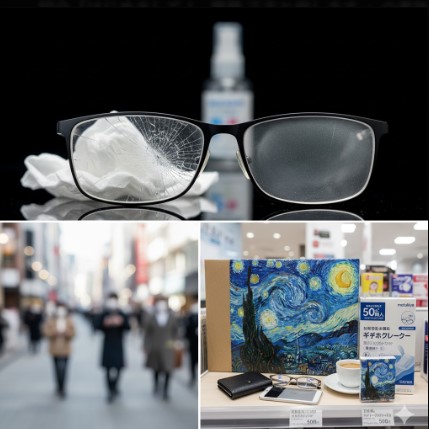 汎用アルコール除菌シートの使用でコーティングが剥がれ、ケミカルクラック(ひび割れ)を起こしたメガネレンズ