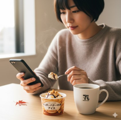 日本人女性が「シュガーバターの木 アイス」をスプーンで食べながらスマートフォンを見ている。セブンカフェのカップも写っており、日常的な利用シーンを表現。