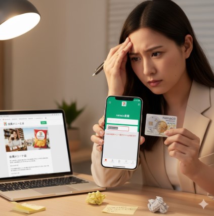 セブンイレブンアプリとnanacoカードの連携を示唆する画像。パスワード入力の「罠」を象徴している。