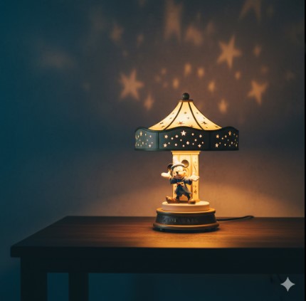 魔法使いの弟子ミッキーが中央に立つカルーセルライトが、暗い部屋のテーブルで点灯している。壁にはぼんやりと星の模様が投影され、幻想的な雰囲気を作り出している。