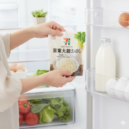 開けられた冷蔵庫の前で、女性がセブンプレミアムの国産大根おろしパッケージを手に持ち、賞味期限と保存方法を確認している。冷蔵庫には他の食品も見える。