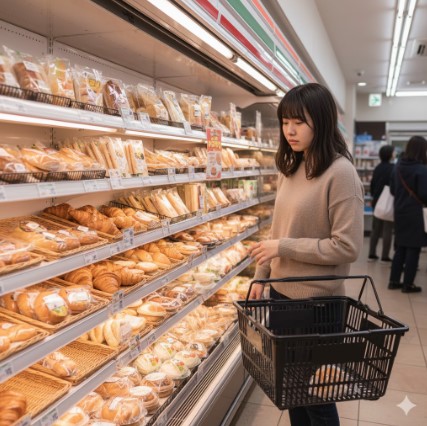コンビニのパン売り場で、買い物カゴを持った日本人女性が商品を探している。棚には様々な種類のパンが並んでいる。