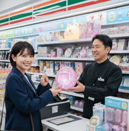 過去(2025年8月)にセブンイレブンで、たまごっち一番くじが実際に販売されていた時のイメージ。客がくじを購入している。