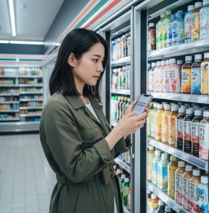 スマートフォンを手に持ち、コンビニエンスストアの冷蔵飲料棚を真剣な表情で見つめる日本人女性。