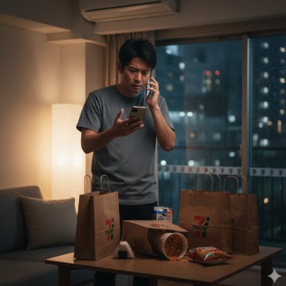 7NOW(セブンナウ)の宅配トラブルに遭い、夜の自宅でスマートフォンを片手に困惑している日本人男性。