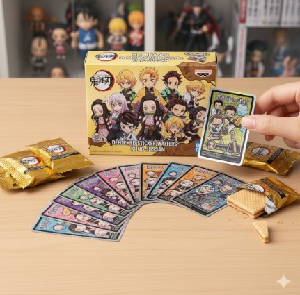 鬼滅の刃ウエハースのカードタイプの商品と、キャラクターが描かれた美麗なカードが複数枚広げられている。