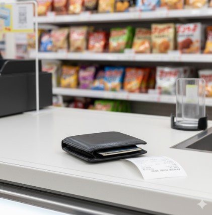 コンビニのカウンター（レジ横）にポツンと置き忘れられた黒い財布。