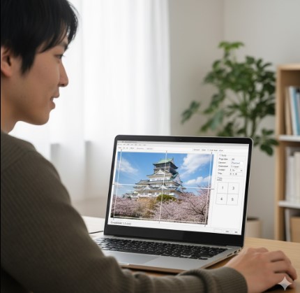 ノートパソコンを使い、1枚の画像をポスター用に「のりしろ」を付けて4分割データに作成している様子。