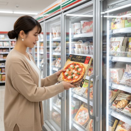 セブンイレブンの冷凍食品コーナーで「金のマルゲリータ」のパッケージを手に取る買い物客。