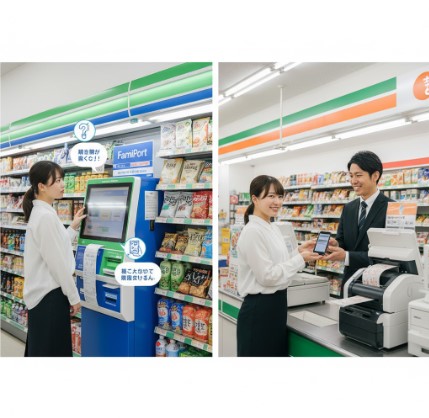 ファミリーマートのFamiポートで戸惑う日本人女性と、セブンイレブンのレジでスムーズにチケット発券する日本人女性の対比。
