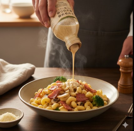 セブンイレブンの小袋ドレッシングと、その「本家」と噂されるビッグシェフのボトルドレッシングをイメージした2つの商品が並べて置かれ、比較されている。