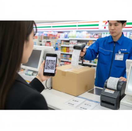 日本人女性客がスマートフォンに表示された宅配便の発送用QRコードをコンビニ店員に提示し、店員が荷物をスキャンしているシーン。