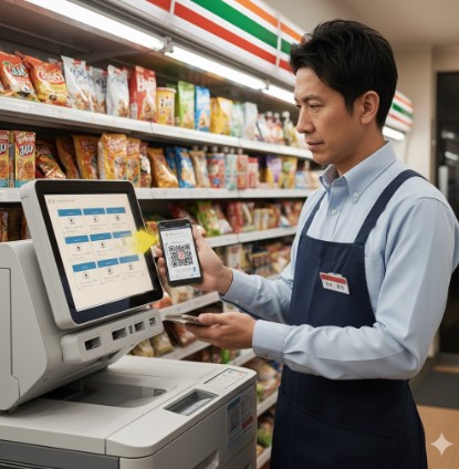 スマートフォンの「netprint」アプリで発行されたQRコードをセブンイレブンのマルチコピー機にかざし、面付け済み名刺データを印刷するビジネスパーソン