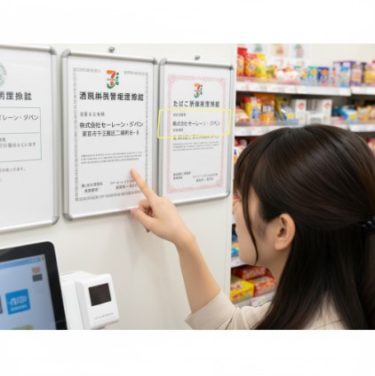 コンビニのレジカウンターの壁に貼られた「酒類販売管理者標識」と「たばこ小売販売許可証」を、日本人女性が指差して確認している様子。