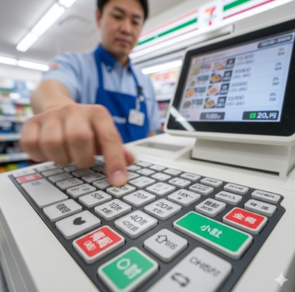 セブンイレブンのPOSレジスターの物理キーボード部分をクローズアップ。特に客層キー(性別・年齢層のボタン)に焦点を当てている。