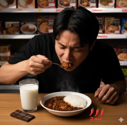 セブンイレブンの「銀座デリー監修 カシミールカレー」を食べて顔をしかめる男性。隣には辛さレベル3MAXを示す唐辛子のイラストと、牛乳とチョコレートが置かれている。