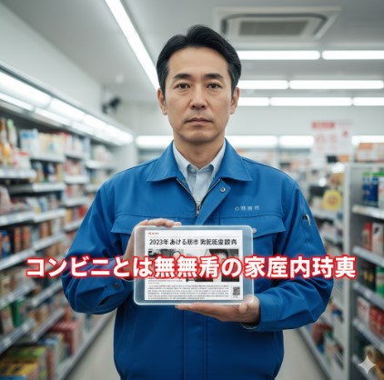 コンビニ店内でタブレットを持ち、「2023年あきる野市 男児死亡事件」と表示されたニュース記事を示す日本人男性店長。手前には「コンビニとは無関係の家庭内事件」と赤字で強調されている。