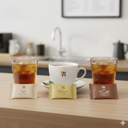 セブンイレブンのカウンターに置かれたホットティーとアイスティー、そしてアールグレイ、アッサムブレンド、ダージリンブレンドの3種類の茶葉のパッケージ