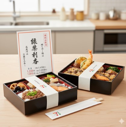 セブンイレブンの法事向け弁当「ごちそう膳 空」と「ごちそう膳 天」が並べられ、メニューと価格が書かれたカードも添えられている