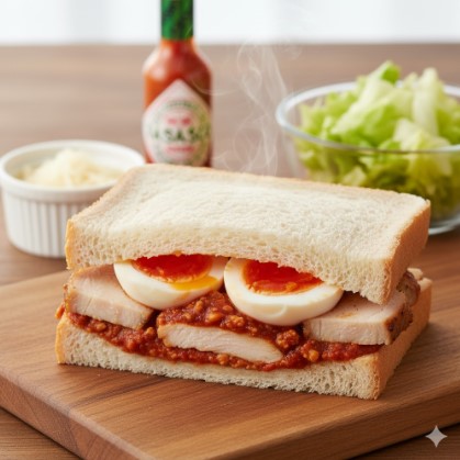 温められた「たんぱく質が摂れるチキン&チリ」サンドイッチから湯気が立ち上り、トッピング用のチーズやホットソースが周りに置かれている。