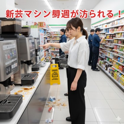 セブンイレブンの店内で、コーヒーマシンの周りが汚れている様子を日本人女性客が不満げに指差している。店員が棚を整理している中で、赤字で「新マシン異臭が漂る！」と書かれたポップが上部に表示され、店舗の衛生問題を示唆している。