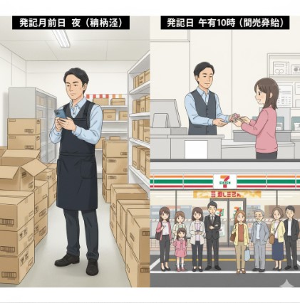 コンビニエンスストアにおける一番くじの納品と販売時間の違い。左は発売日前日の夜にバックルームで商品を確認する店員、右は発売日午前10時に一番くじを購入する客とそれを見守る行列。