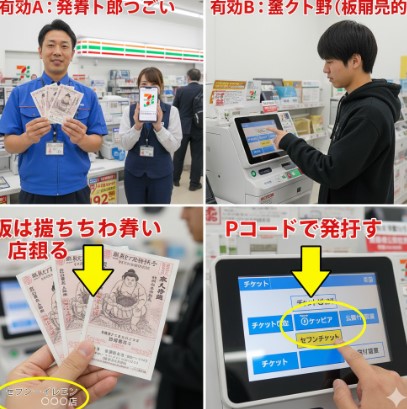 セブンイレブンのマルチコピー機で、「セブンチケット」のメニューから地方巡業の相撲チケットを探して購入するお客様の様子。