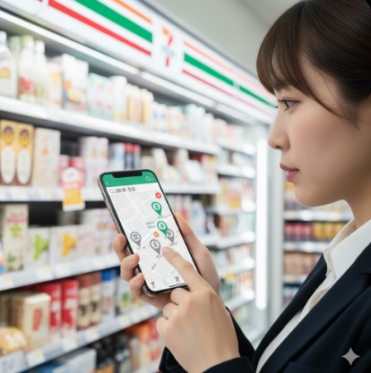 セブンイレブン公式アプリの在庫検索機能を使い、スマートフォンで備蓄米の在庫がある店舗を探している様子。