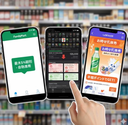 セブンイレブン、ファミリーマート、ローソンのロゴが並び、それぞれのスマートフォンアプリが比較されている様子。特にセブンイレブンアプリの複雑さを示唆する視覚表現。