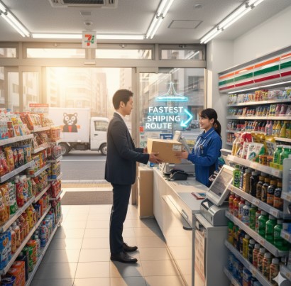 荷物を最速で発送するため、午前中の早い時間にセブンイレブンで手続きを済ませる日本人客と店員の様子。