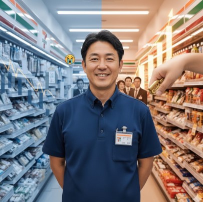 コンビニ店長が中央に立ち、左側には経営危機で下降線を辿るアメリカのセブンイレブン、右側には日本の成長と買収を示す上昇グラフと手が鍵を渡すイメージが描かれた店内。