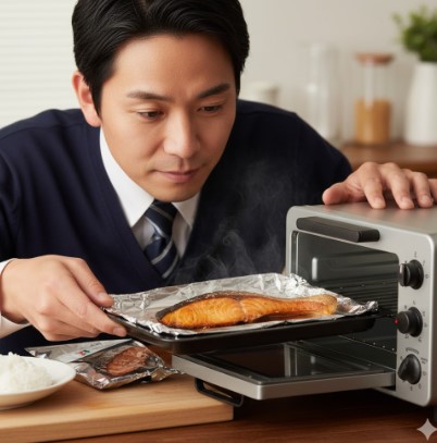 コンビニ店長がレンジで温めた焼魚をトースターに入れ、皮をパリッとさせる調理をしている様子。