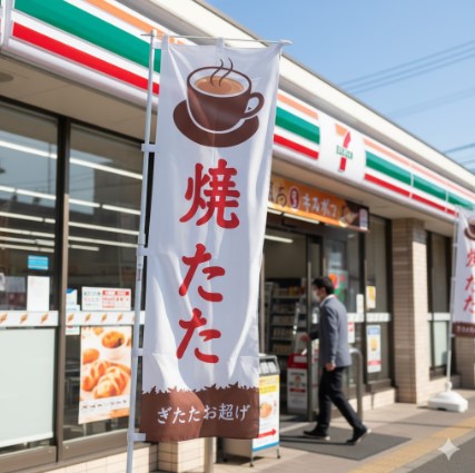 セブンイレブンの店先に「焼きたて」商品があることを示す、特徴的な(文字のない)のぼり旗が立っている様子。