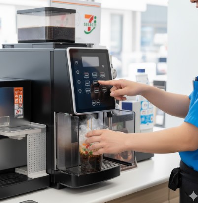 セブンイレブンの店員が、セブンカフェのアイスコーヒーマシンに氷入りカップをセットし、「アイスコーヒー」のボタンを押してコーヒーを抽出している様子。