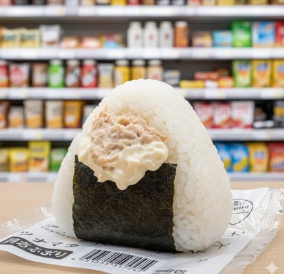 コンビニエンスストアの店内で、包装されたツナマヨネーズおにぎりが木目のテーブルに置かれている。背景には商品棚がぼけて写っている。