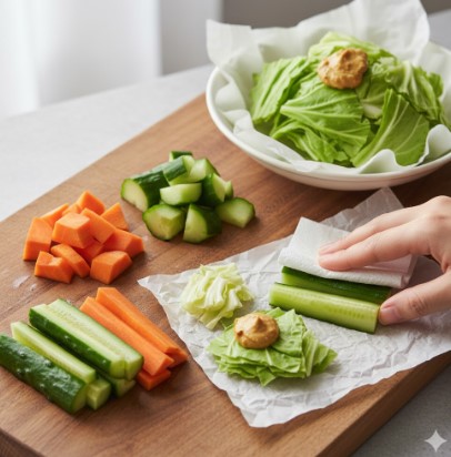 木製のカッティングボードの上で、拍子木切り、乱切り、ざく切りにされた様々な野菜スティックと味噌マヨネーズディップ、キッチンペーパーで水分を拭き取る手元