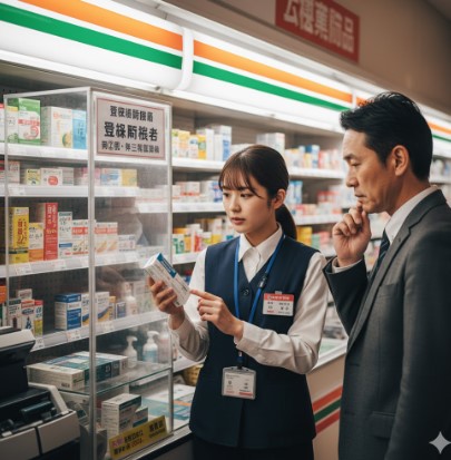 コンビニエンスストアの医薬品コーナーで、登録販売者の資格を持つ若い女性店員が、お客様に目薬について説明している。